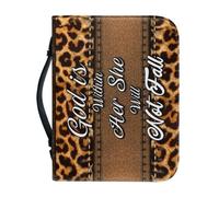 Qznuberone Bible Cover for Women Bible Protective with Handle and Zipper Portable Carrying Book Case for Bible Begginer Muti-use Church Bag, Brown Leopard Leather Texture Word, L