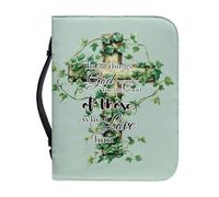 Qznuberone Bible Cover with Handle and Zipper,Sturdy Durable Bible Carrying Case with Pen Holder for Men Women,Classic Church Bible Storage Bags,Bible Study Supplies, Leaves Cross-green, M