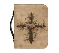 Qznuberone Bible Cover with Handle and Zipper,Sturdy Durable Bible Carrying Case with Pen Holder for Men Women,Classic Church Bible Storage Bags,Bible Study Supplies, Rose Cross, L