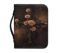 Qznuberone Bible Cover with Handle and Zipper,Sturdy Durable Bible Carrying Case with Pen Holder for Men Women,Classic Church Bible Storage Bags,Bible Study Supplies, Rose Cross-brown, L