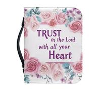 Qznuberone Bible Cover with Handle and Zipper,Sturdy Durable Bible Carrying Case with Pen Holder for Men Women,Classic Church Bible Storage Bags,Bible Study Supplies, Rose-white, L