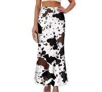 Qznuberone Women's Flared Midi Skirt Elastic High Waist Maxi Skirts Casual Flowy A Line Beach Long Skirt with Side Zipper, Cow Hide Print, L