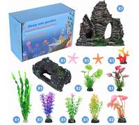 QZQ Aquarium Decorations Plastic Plants 14 PCS Fish Tank Plants Fish Tank Decorations Accessories Decor Set with Resinous Rockery Hideouts C