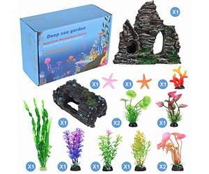 QZQ Aquarium Decorations Plastic Plants 14 PCS Fish Tank Plants Fish Tank Decorations Accessories Decor Set with Resinous Rockery Hideouts Coral Aquarium Plants and Resin Starfish