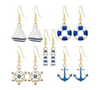QzxEqz 5 Pairs Nautical Themed Sailboat Earrings for Women Sailor Earrings Unique navy Nautical Ship Wheel Anchor Drop Stud for Women, 自配送, Acrylic, No Gemstone
