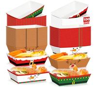 QZYL 100 Pcs Christmas Paper Food Trays, 5.94" x 3.34" x 2.16" Xmas Party Supplies, 4 Patterns Christmas Serving Trays, Xmas Food Boats Snack Popcorn Bowl for Holiday Decorations Winter Gatherings