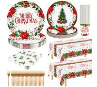QZYL 152pcs Christmas Table Decorations, 9" and 7" Red Green Christmas Plates, Disposable Merry Xmas Paper Plates and Napkins, Xmas Dinnerware Set for Xmas Winter Holiday Party Dinner Supplies