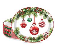 QZYL 50 PCS Christmas Plates, 12.2"x 10.2" Christmas Oval Paper Plates Party Decorations, Xmas Ornaments Pine Boughs Design, Disposable Festive Dinnerware for Xmas Decorations New Year Celebration