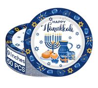 QZYL 50 PCS Hanukkah Plates, 9" Hanukkah Paper Plates, Happy Hanukkah Disposable Round Dinner Plates, Candlestick Design Tableware Set for Chanukah Festival Family Dinner Party Supplies