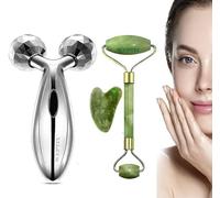 R A Products 3D Manual Roller Face Body Massager With And Anti Aging 100% Natural Jade Stone Roller Msagger With Gua Sha Tools for Face and Body Massager