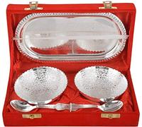R Ayurveda Copper German Silver Single Bowl with Royal Velvet Box -2 Pieces Set (2 Bowl 2 Spoon 1 Tray) for Wedding Diwali Anniversary retrun Gift
