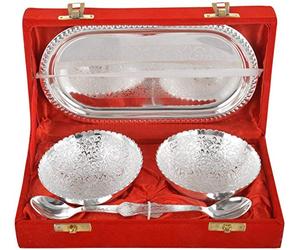 R Ayurveda Copper German Silver Single Bowl with Royal Velvet Box -2 Pieces Set (2 Bowl 2 Spoon 1 Tray) for Wedding Diwali Anniversary retrun Gift