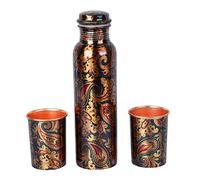 R Ayurveda Copper Handcrafted Copper Metal Bottle 1 Liter with 2 Copper Metal Glass 350 ML Green Paisley Design Gift Set In Velvet Imitation Jewelry Gift box.A Healthy Gift for you
