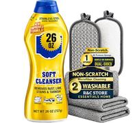 R&C Store Essentials Home Cleaning Bundle Kit, includes Multi-Purpose Soft Cleanser 26 oz + 2 Microfiber Cloths and 1 Non-Scratch Scrub Sponge, Kitchen & Bathroom Cleaning Set