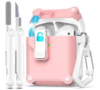 R-fun Compatible with AirPods 2nd Generation 2019,1st Gen 2016 Charging Case Cover, Full Drop Protection Auto Pop-Up Lid Compatible with Apple Airpods Case with Cleaner Kit & Keychain,White/Pink