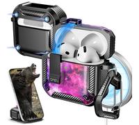 R-fun for AirPods 4 Case with Cleaning Kit,Carbon Fiber Elements Military Drop Proof Auto Pop up Cover, Phone Stand and Magnetic Base with Carabiner Hook Compatible with AirPods 4th Gen 2024,Starry