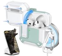 R-fun for AirPods 4 Case with Cleaning Kit,Carbon Fiber Elements Military Drop Proof Auto Pop up Cover, Phone Stand and Magnetic Base with Carabiner Hook Compatible with AirPods 4th Gen 2024,Wht/Mint