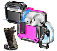 R-fun for AirPods 4 Case with Cleaning Kit,Carbon Fiber Elements Military Drop Proof Auto Pop up Cover, Phone Stand and Magnetic Base with Carabiner Hook Compatible with AirPods 4th Gen 2024,Blk/Rose