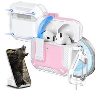 R-fun for AirPods 4 Case with Cleaning Kit,Carbon Fiber Elements Military Drop Proof Auto Pop up Cover, Phone Stand and Magnetic Base with Carabiner Hook Compatible with AirPods 4th Gen 2024,Wht/Pnk