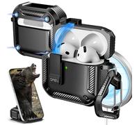 R-fun for AirPods 4 Case with Cleaning Kit,Carbon Fiber Elements Military Drop Proof Auto Pop up Cover, Phone Stand and Magnetic Base with Carabiner Hook Compatible with AirPods 4th Gen 2024,Black
