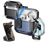 R-fun for AirPods 4 Case with Cleaning Kit,Carbon Fiber Elements Military Drop Proof Auto Pop up Cover, Phone Stand and Magnetic Base with Carabiner Hook Compatible with AirPods 4th Gen 2024,Blue