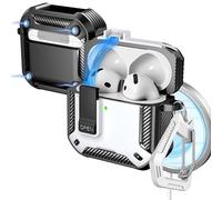 R-fun for AirPods 4 Case with Cleaning Kit,Carbon Fiber Elements Military Drop Proof Auto Pop up Cover, Phone Stand and Magnetic Base with Carabiner Hook Compatible with AirPods 4th Gen 2024,White