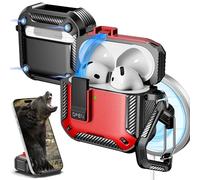 R-fun for AirPods 4 Case with Cleaning Kit,Carbon Fiber Elements Military Drop Proof Auto Pop up Cover, Phone Stand and Magnetic Base with Carabiner Hook Compatible with AirPods 4th Gen 2024,Red