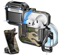 R-fun for AirPods 4 Case with Cleaning Kit,Carbon Fiber Elements Military Drop Proof Auto Pop up Cover, Phone Stand and Magnetic Base with Carabiner Hook Compatible with AirPods 4th Gen 2024,Camo
