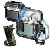 R-fun for AirPods 4 Case with Cleaning Kit,Carbon Fiber Elements Military Drop Proof Auto Pop up Cover, Phone Stand and Magnetic Base with Carabiner Hook Compatible with AirPods 4th Gen 2024,Green