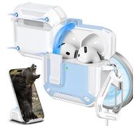 R-fun for AirPods 4 Case with Cleaning Kit,Carbon Fiber Elements Military Drop Proof Auto Pop up Cover, Phone Stand and Magnetic Base with Carabiner Hook Compatible with AirPods 4th Gen 2024,Wht/Blu