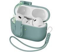 R-fun for AirPods Pro 2nd Generation Case Cover, Liquid Silicone Rubber Auto Pop-Up Military Grade Anti-Fall Soft Silicone for AirPods Pro with Lanyard & Cleaning Kit, Front LED Visiblepine green