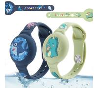 R-fun Waterproof Air Tag Bracelets [2 Pack] Compatible with Apple Air Tag Finders with Cartoon Pattern,Anti Lost GPS Item Finders Case Cover,Green Dinosaur/Blue Shark