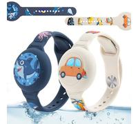 R-fun Waterproof Air Tag Bracelets [2 Pack] Compatible with Apple Air Tag Finders with Cartoon Pattern,Anti Lost GPS Item Finders Case Cover,Gray Car/Blue Shark