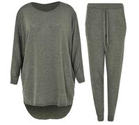 R G Clothing 2 Piece Track Suit Set High Low Top and Bottoms Casual Loungewear Sweatshirt Joggers Set (UK, Alpha, S, M, Plus, Regular, Khaki)