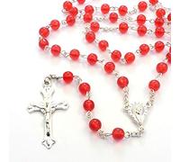 R. Heaven Deep bright red Catholic rosary beads Our Lady center