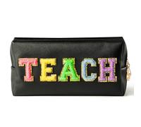 R HORSE Colorful Teach Letter Patch Makeup Bag Black PU Leather Patch Cosmetic Bag with Teach Chenille Letter for Travel Waterproof Portable Zipper Big Travel Organizer for Teacher Appreciation Gifts