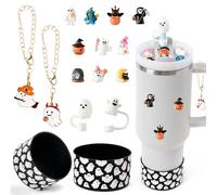 R HORSE Halloween Stanley Cup Accessories - 2Pcs Cute Silicone Boot for Stanley Cup 30 40 oz Tumblers, 2Pcs Spill Proof Ghost Straw Toppers Covers, 10Pcs Halloween 3D Stickers, 2Pcs Handle Charms Gift