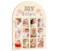 R HORSE My First Year Photo Display Wood Board - Seashell 3D First Birthday Picture Frame, 12 Months Milestone Board Baby Keepsake Gift for Boy Girl 1st Birthday Decorations Nursery Decor