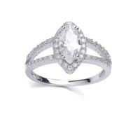 (R) Jewelco London Ladies Sterling Silver Cubic Zirconia Split Shoulder Halo Solitaire Engagement Ring - GVR714