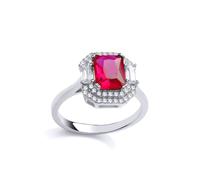 (R) Jewelco London Ladies Sterling Silver Ruby-Red Emerald cut Cubic Zirconia Octagon Amphitheatre Engagement Ring - GVR839