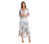 R&M Richards Elegant High Low Ruffle Floral Print Chiffon Dress W/ 3/4 Sleeve Sheer Coordinating Bolero, Blue/Lavender, 16/Petite