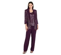 R&M Richards Sequin Beaded 3 Piece Trouser Suit Tuxedo Jacket Cami with Satin Lapel and Cuffs, Plum, 24 Plus Size