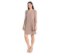 R&M Richards Women's 2 Piece Mesh Panel Beaded Neck Jacket Dress, Taupe, X-Large