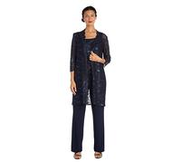 R&M Richards Women's 3 PCE Laced Duster Jacket Shell and Solid Pant Formal Night Out Dress, Navy, 16