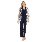R&M Richards Women's 3pc Floral Threadwork Duster Pantsuit Business Suit Pants Set, Navy/White, 14