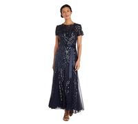 R&M Richards Women's One Piece Short Sleeve Embelished Sequins Gown Dress, Navy, 14