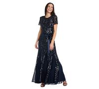 R&M Richards Women's One Piece Short Sleeve Embelished Sequins Gown Dress, Navy, 16