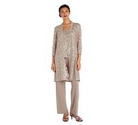 R&M Richards Women's 3 PCE Laced Duster Jacket Shell and Solid Pant Formal Night Out Dress, Champagne, 18