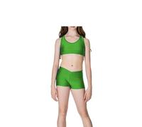 R&N FASHIONS - Girls Shiny Crop Top and Hot Pants Set - High Waist - Plain & Stretchy - Perfect for Yoga, Ballet, Gymnastics, School, Sportswear(Green, 7 Years, 7_Years)