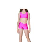 R&N FASHIONS - Girls Shiny Crop Top and Hot Pants Set - High Waist - Plain & Stretchy - Perfect for Yoga, Ballet, Gymnastics, School, Sportswear(Fluorescent Pink, 13 Years, 13_Years)